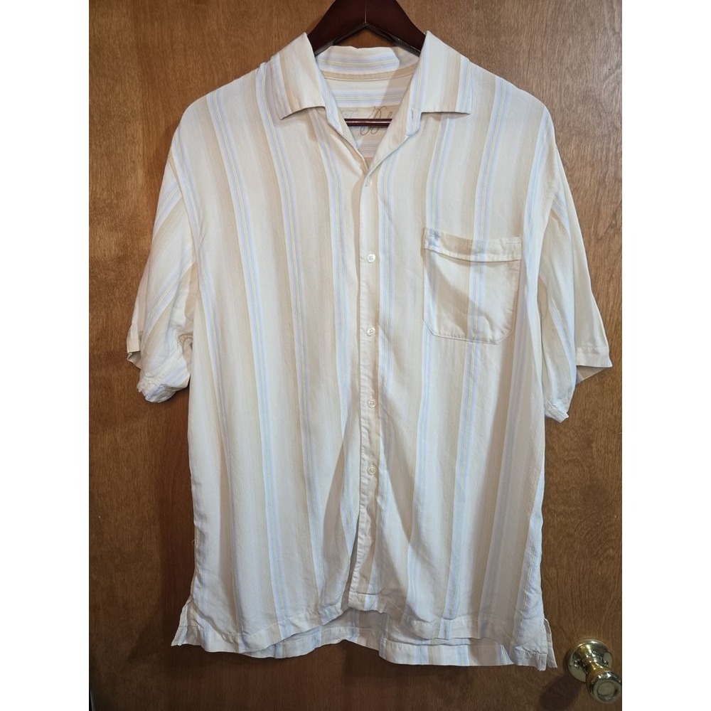 Tommy Bahama Mens Large 100% Tencel Tan Blue Striped Short Sleeve Camp Shirt
